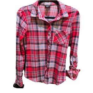 Rue21 Red Blue Plaid Roll Tab Sleeve Chest Pocket Spread Collar Shirt Size Small